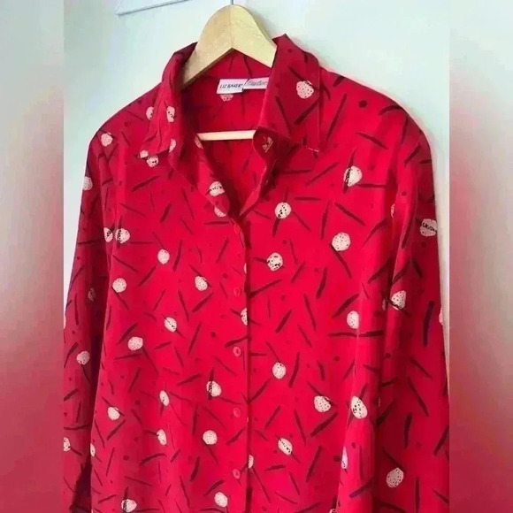 Vintage Liz Baker Red and Black Polka Dot Button Up Blouse Retro Eclectic 14 - Picture 2 of 12